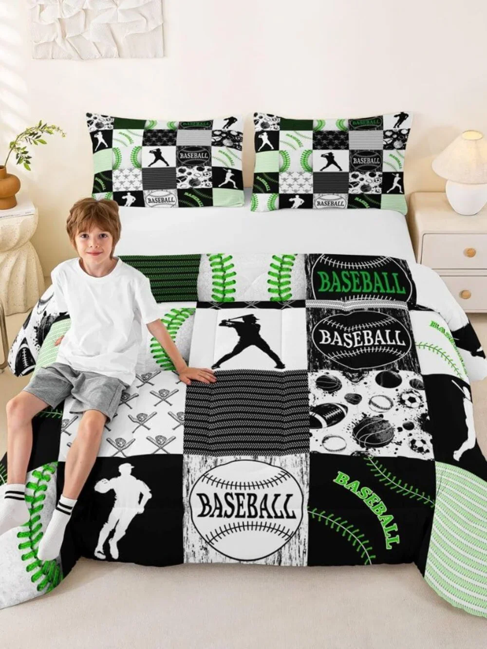 Boys Baseball Bedding Set Full,Kids Softball All Season Comforter Set Ultra Warm